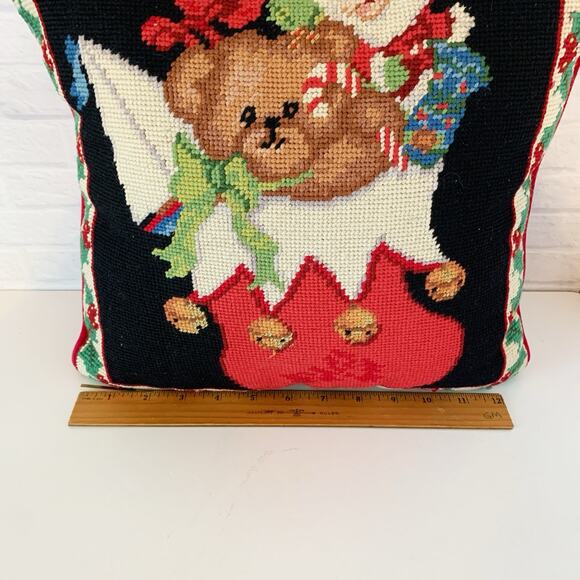 VTG Christmas Bear In Stocking Needlepoint Holiday Throw Pillow Red Velvet 12" - Picture 6 of 6